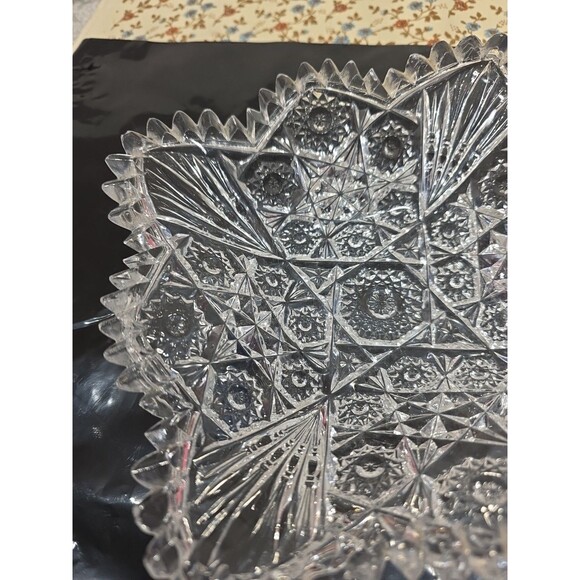 Square Early American‎ Pattern Glass Serving Bowl Hobstars & Stars w Fan Corners - Picture 4 of 6